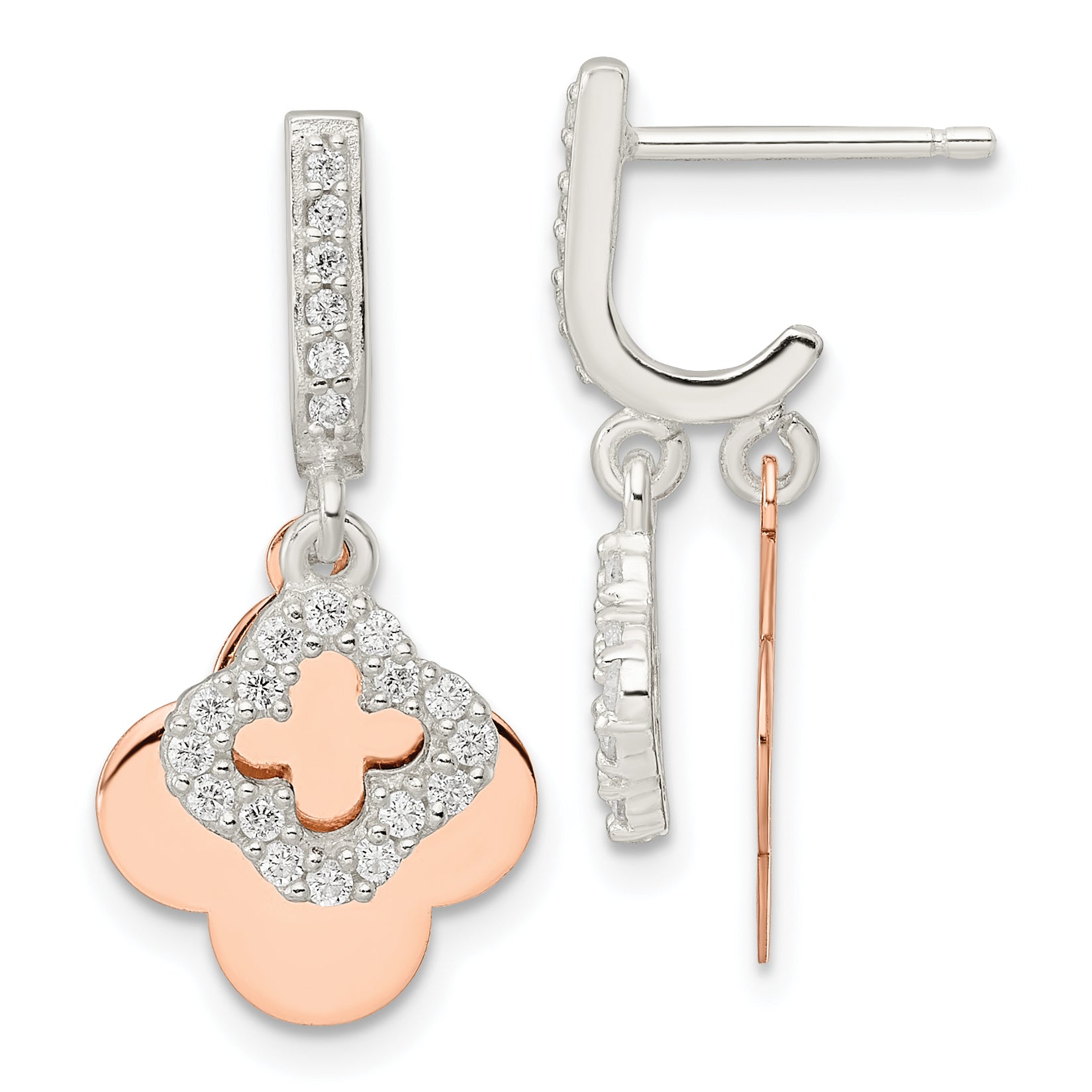 Sterling Silver Rose-tone Quatrefoil CZ Dangle Post Earrings