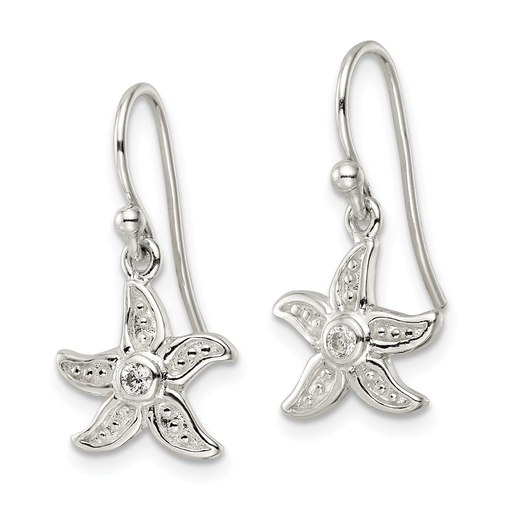 Sterling Silver Textured CZ Center Starfish Shepherd Hook Earrings Secondary image