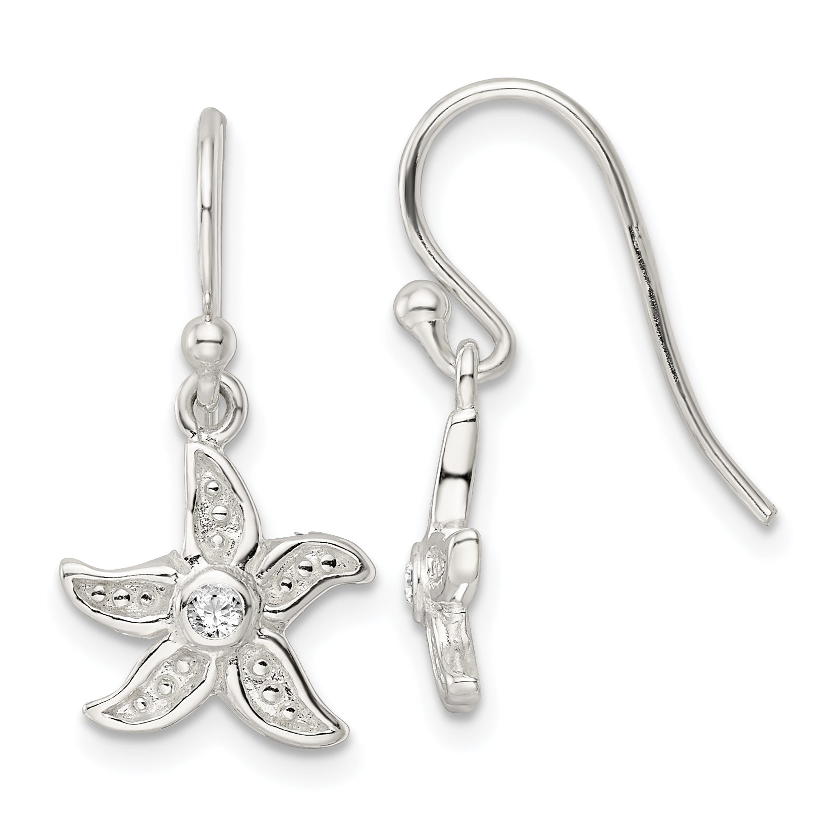 Sterling Silver Textured CZ Center Starfish Shepherd Hook Earrings Main image