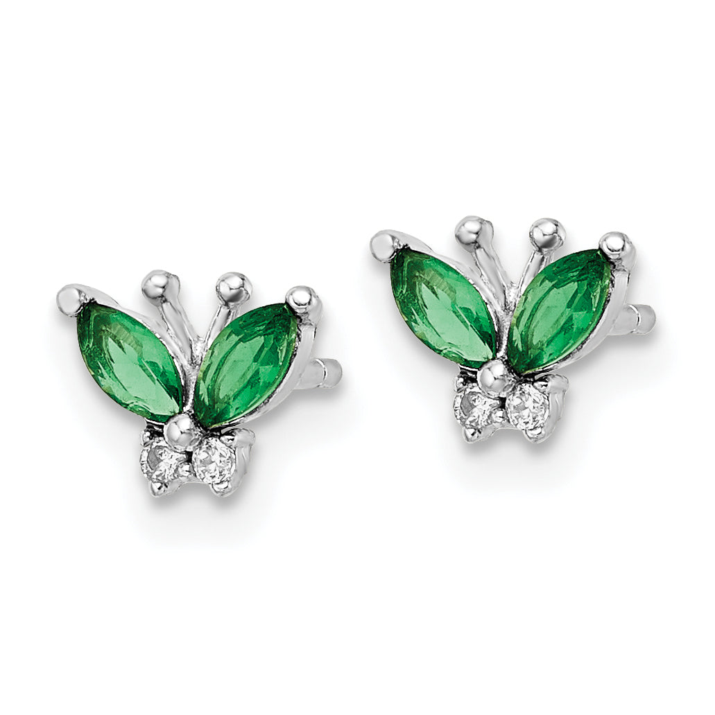 Sterling Silver Rhodium-plated Green & White CZ Butterfly Post Earrings Secondary image