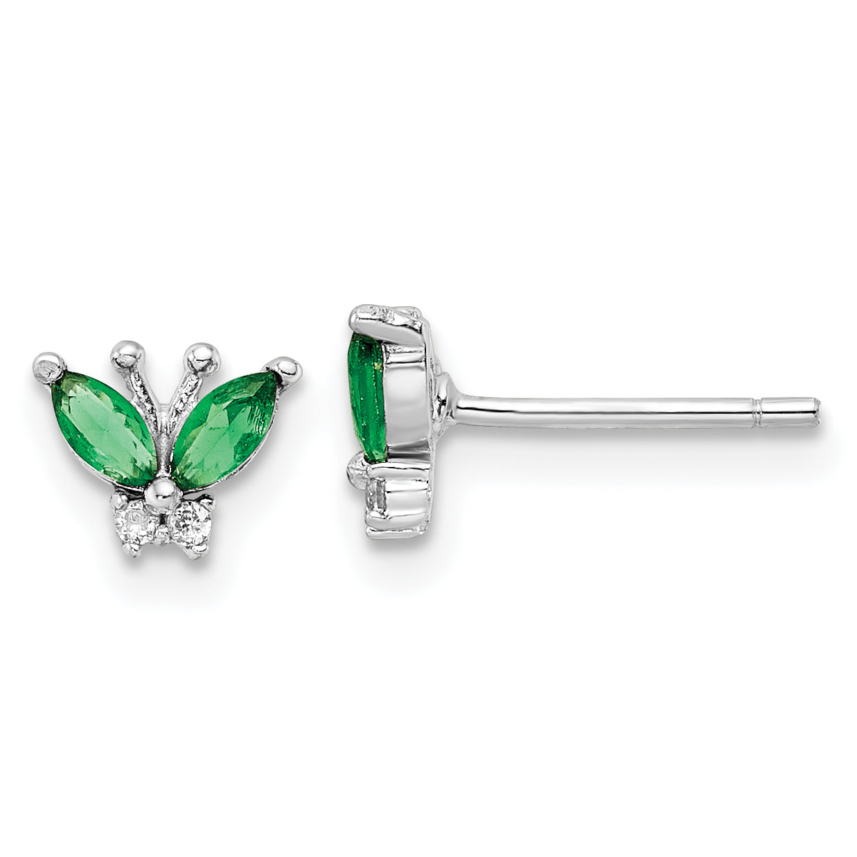 Sterling Silver Rhodium-plated Green & White CZ Butterfly Post Earrings Main image