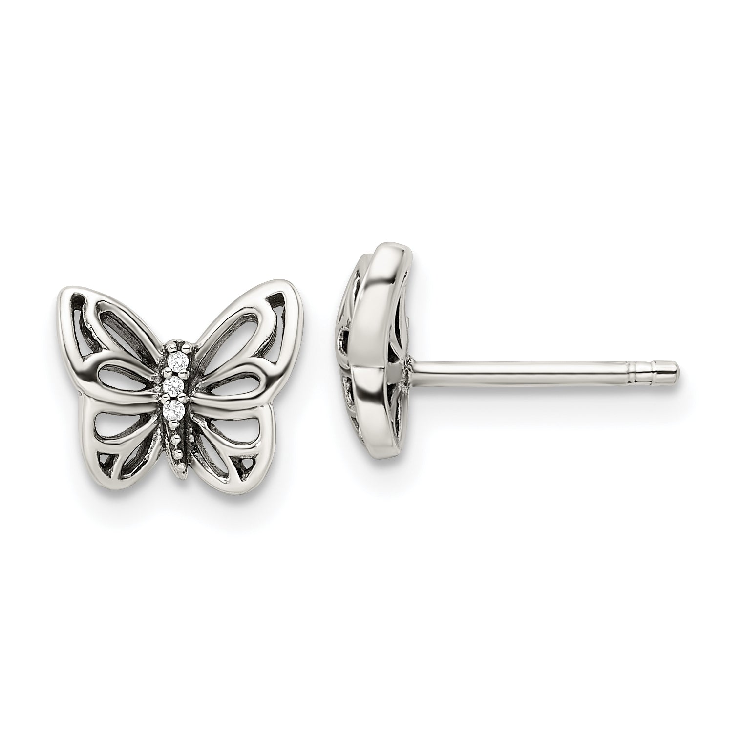 Sterling Silver Antiqued CZ Butterfly Post Earrings Main image
