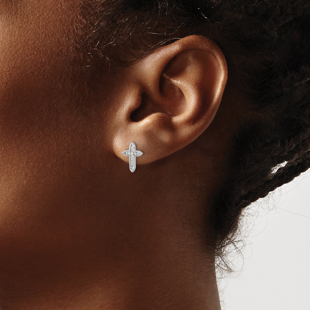 Sterling Silver Rhod-plated Polished CZ Passion Cross Post Earrings