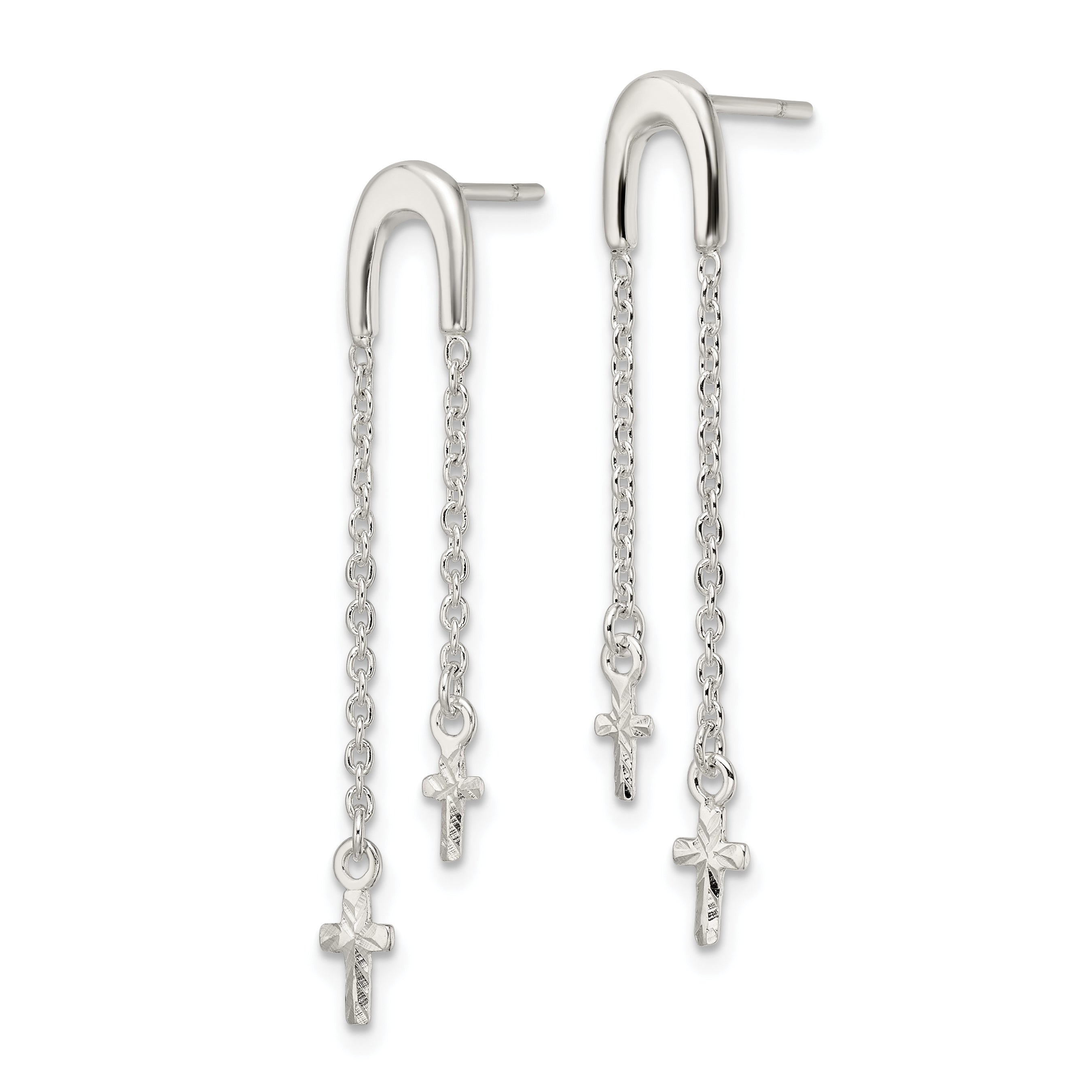 Sterling Silver Polished & D/C Cross Multi-Chain Post Dangle Earrings Secondary image