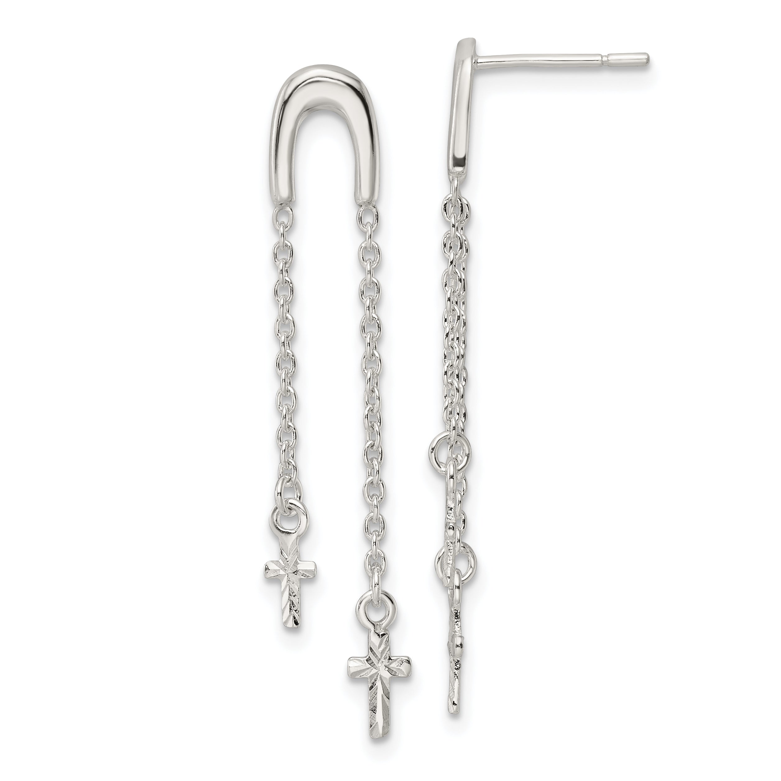 Sterling Silver Polished & D/C Cross Multi-Chain Post Dangle Earrings Main image