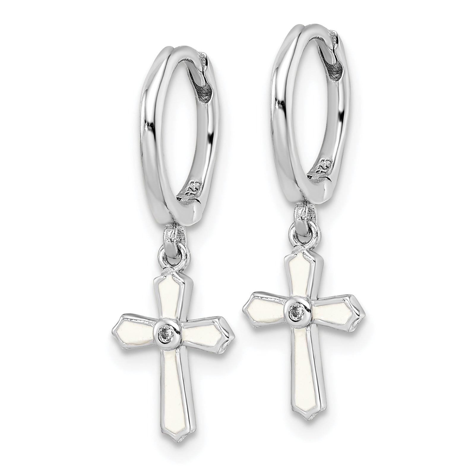 Sterling Silver Rhodium-plated Polished CZ & White Enamel Passion Cross Dangle Round Hoop Earrings Secondary image