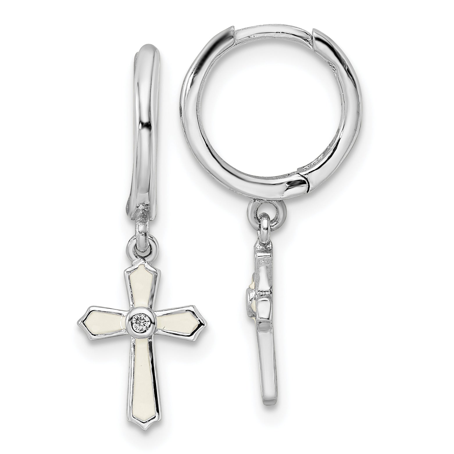 Sterling Silver Rhodium-plated Polished CZ & White Enamel Passion Cross Dangle Round Hoop Earrings Main image