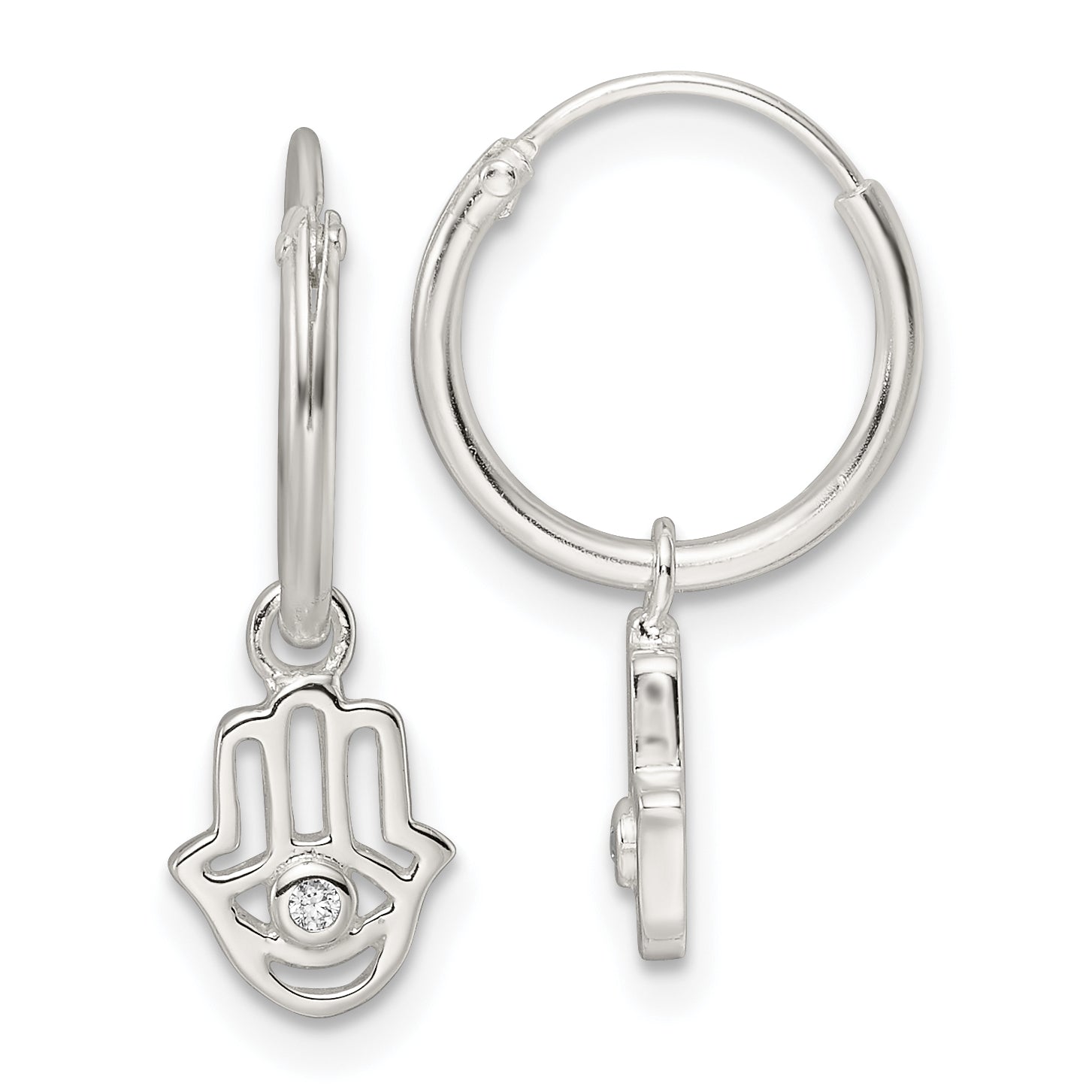 Sterling Silver Polished CZ Hamsa Dangle Endless Round Hoop Earrings Main image