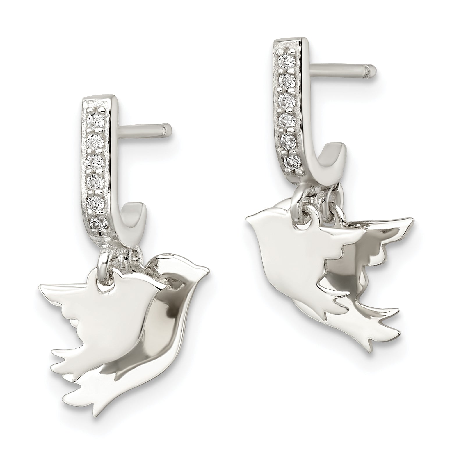 Sterling Silver Polished CZ Two Doves J-Hoop Post Earrings Secondary image