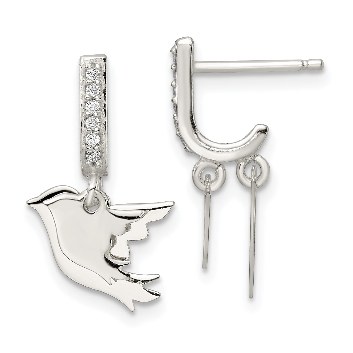 Sterling Silver Polished CZ Two Doves J-Hoop Post Earrings Main image
