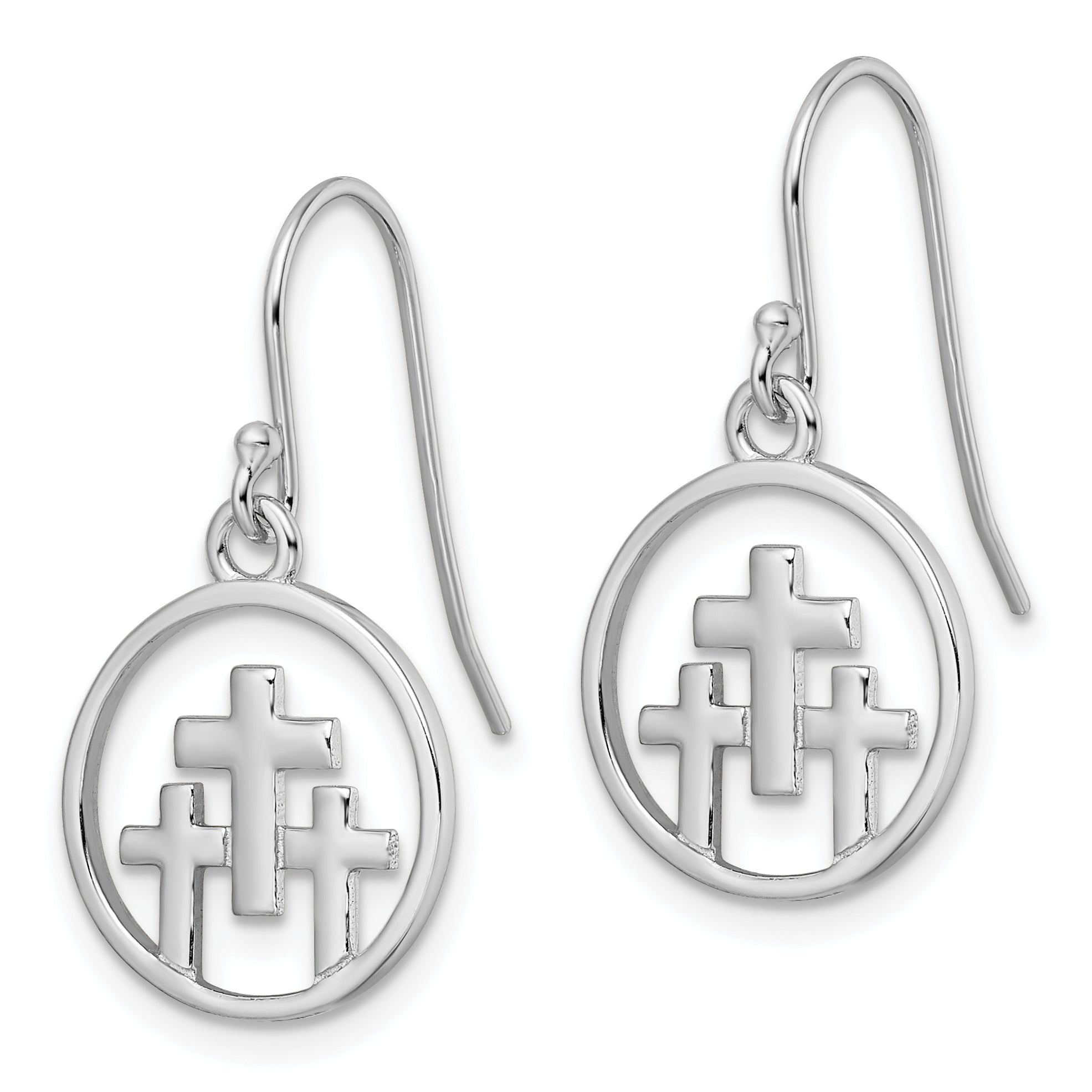 Sterling Silver RH-plated Polished 3 Crosses in Circle Dangle Earrings Secondary image