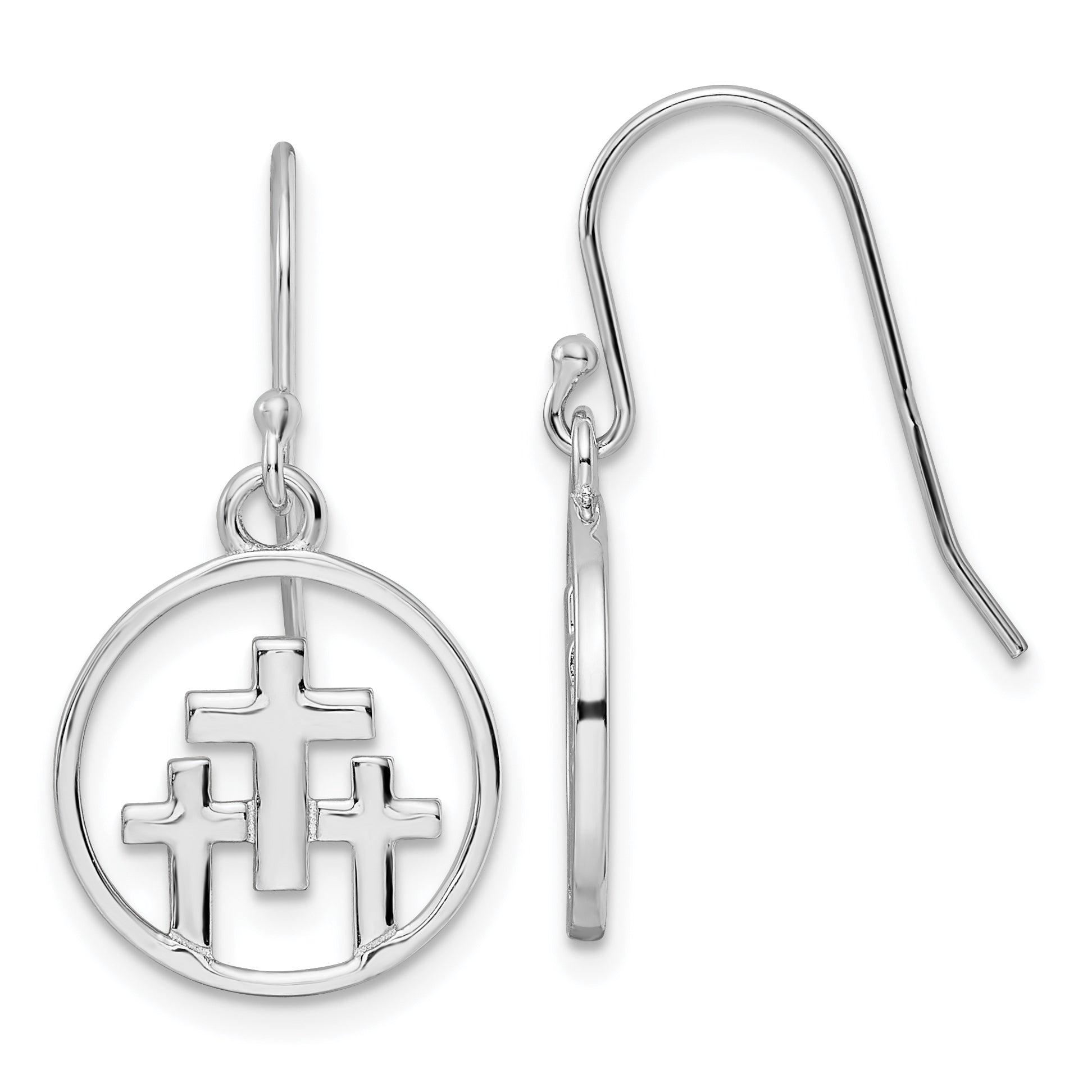 Sterling Silver RH-plated Polished 3 Crosses in Circle Dangle Earrings Main image