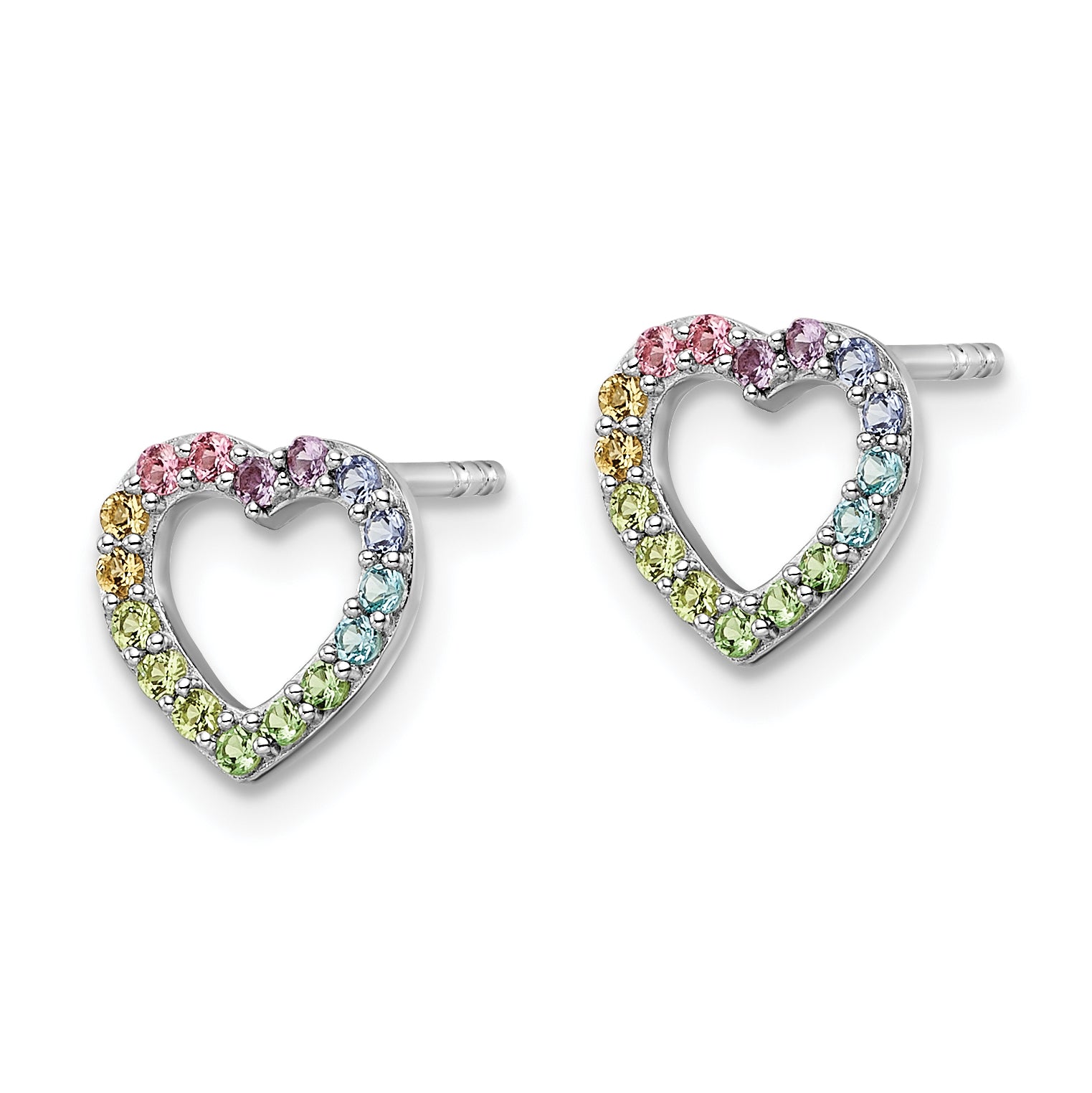 Sterling Silver RH-plated Rainbow Crystal Open Heart Post Earrings Secondary image