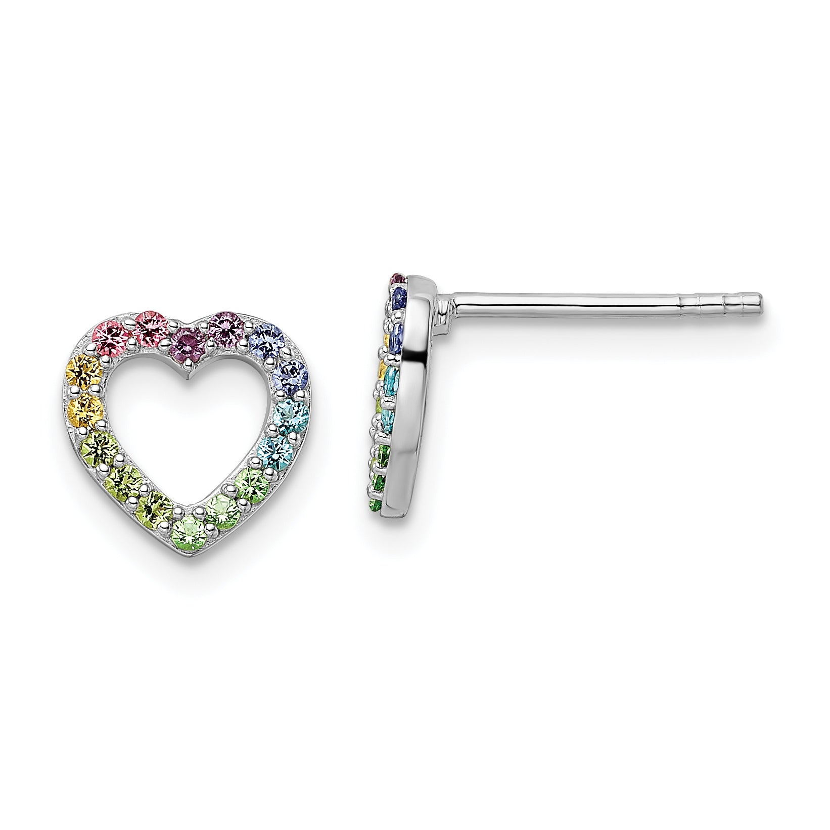 Sterling Silver RH-plated Rainbow Crystal Open Heart Post Earrings Main image
