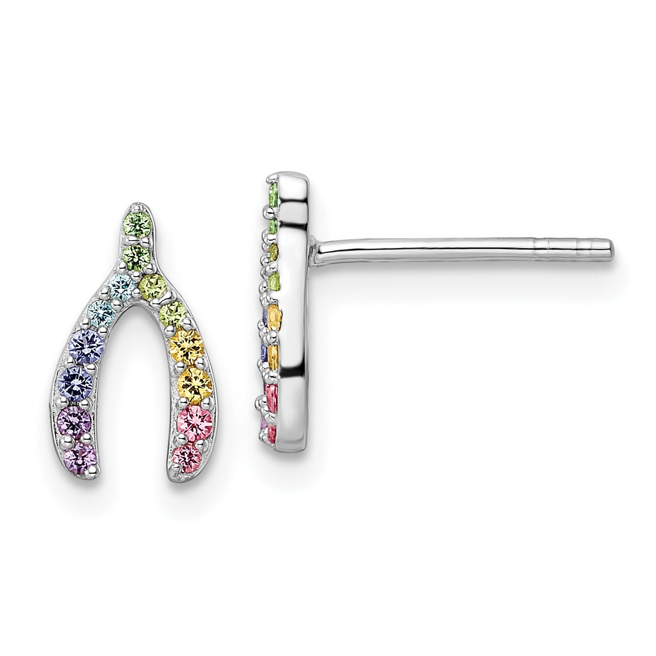 Sterling Silver RH-plated Rainbow Crystal Wishbone Post Earrings