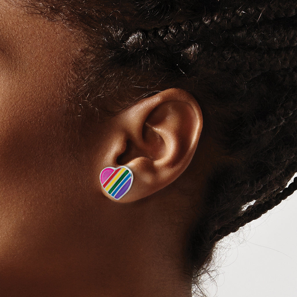 Sterling Silver Rhodium-plated Polished Rainbow Enameled Heart Children's Post Earrings
