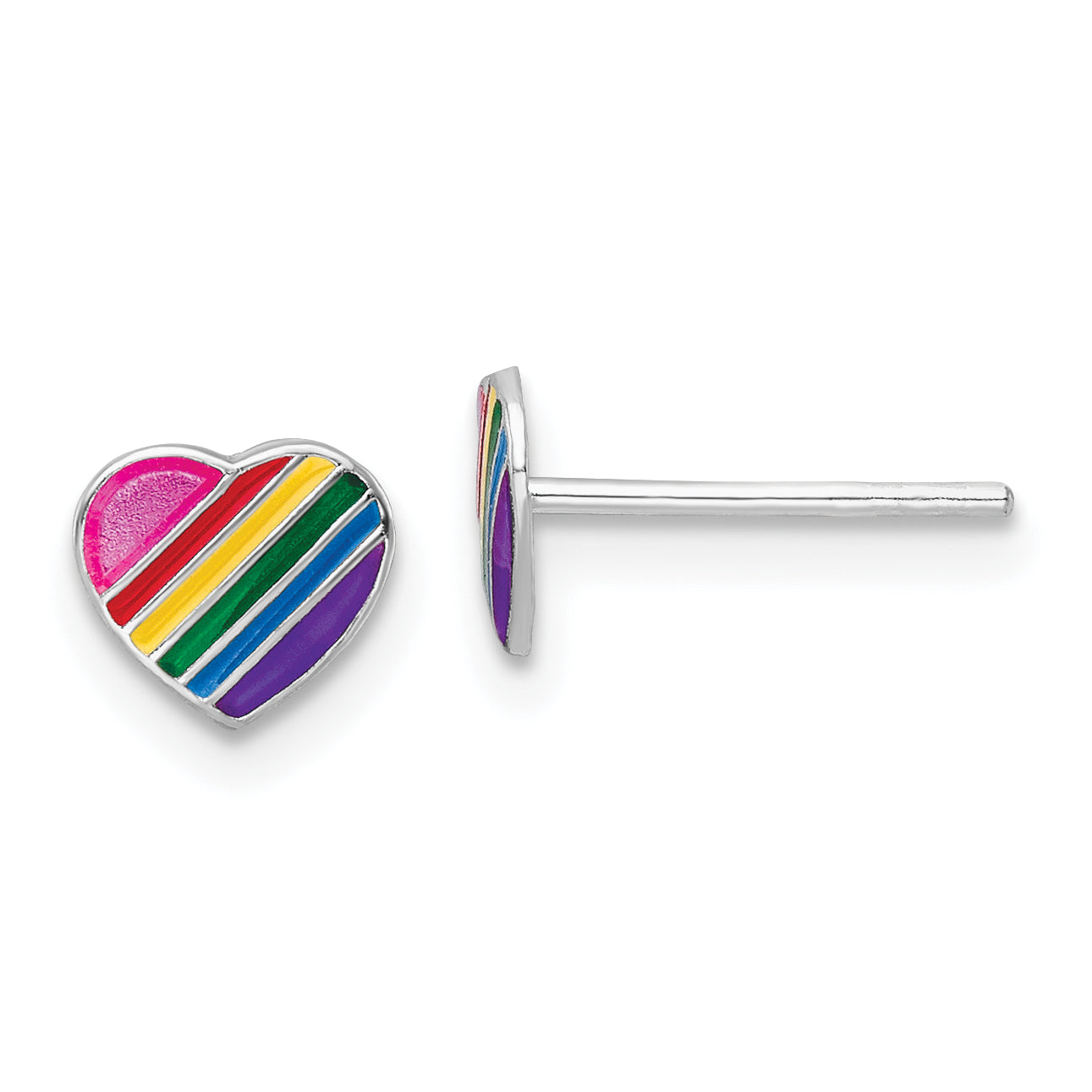 Sterling Silver Rhodium-plated Polished Rainbow Enameled Heart Children's Post Earrings Main image