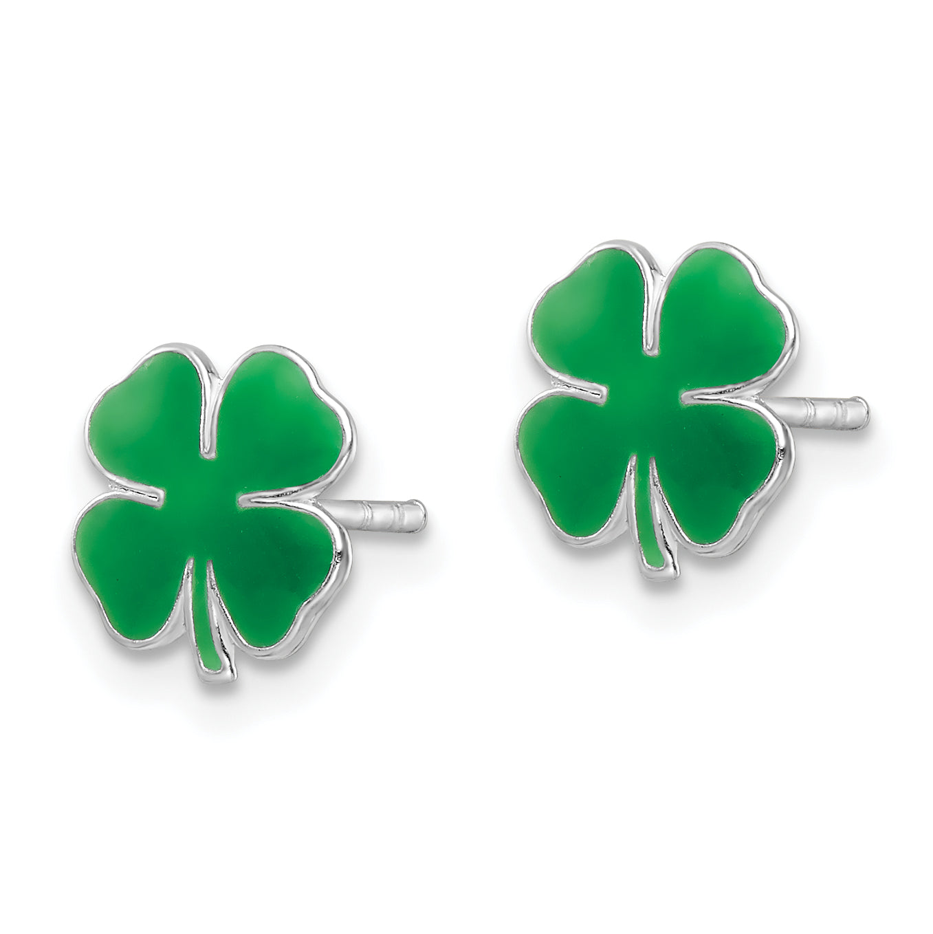 Sterling Silver Rhodium-plated Polished & Green Enameled Four Leaf Clover Children's Post Earrings Secondary image