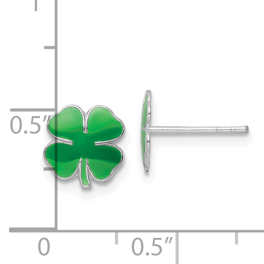 Sterling Silver Rhodium-plated Polished & Green Enameled Four Leaf Clover Children's Post Earrings