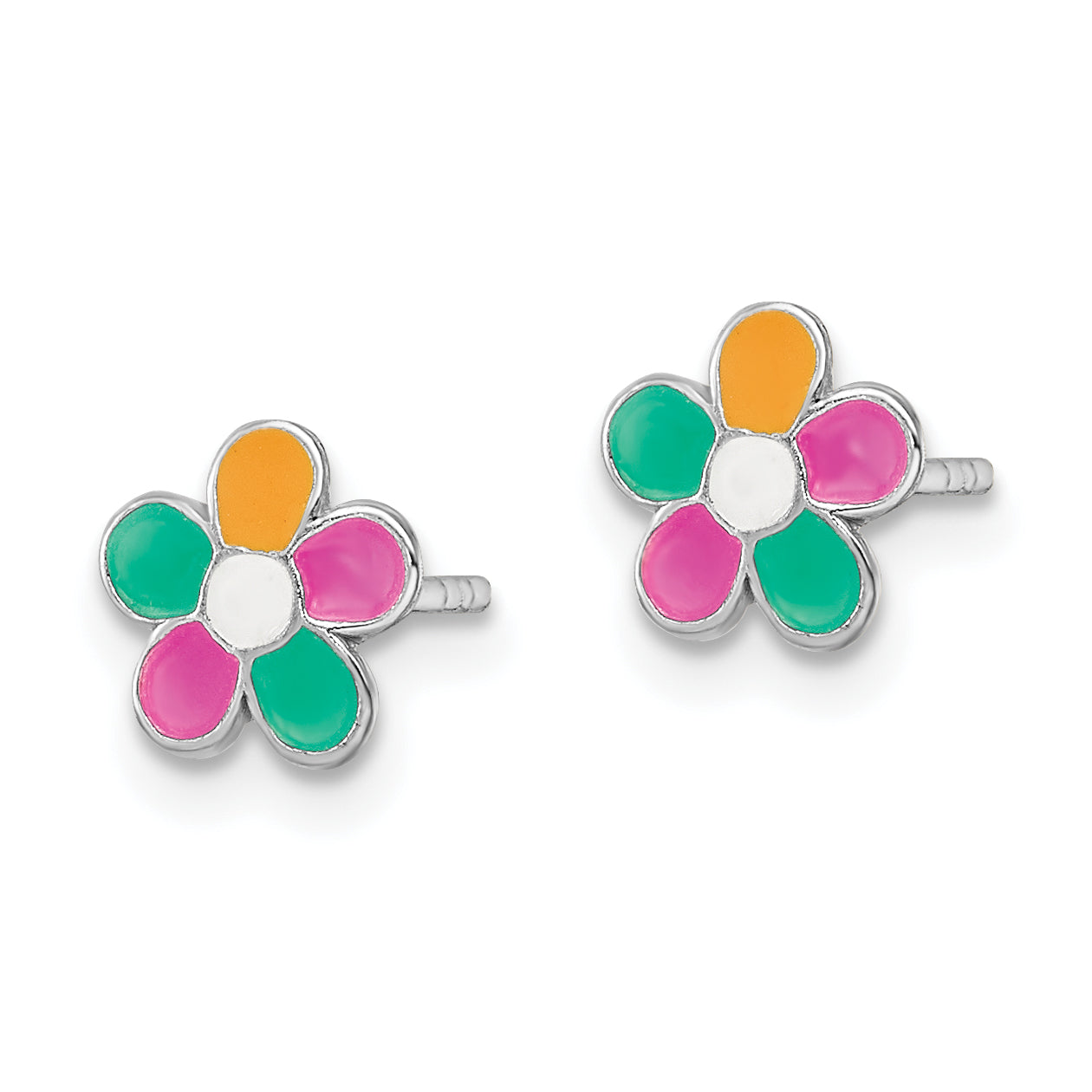 Sterling Silver Rhodium-plated Multi-color Enameled Flower Children's Post Earrings Secondary image