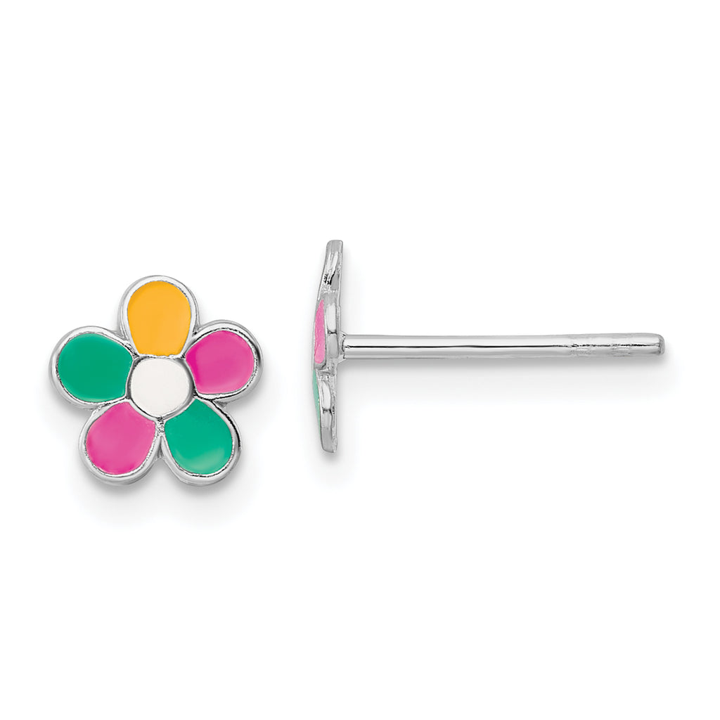 Sterling Silver Rhodium-plated Multi-color Enameled Flower Children's Post Earrings