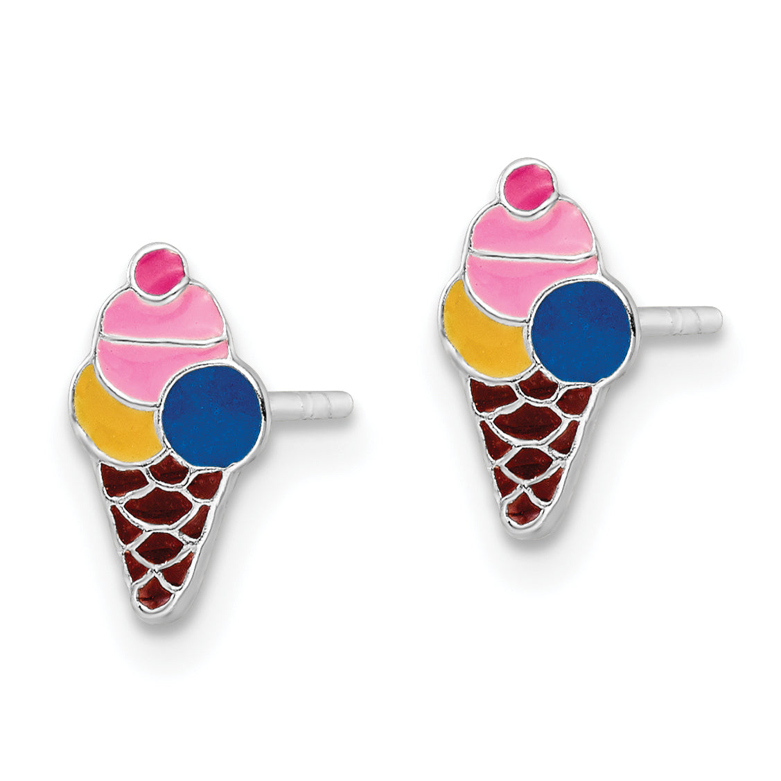 Sterling Silver Rhodium-plated Polished & Multi-color Enameled Ice Cream Cone Children's Post Earrings Secondary image