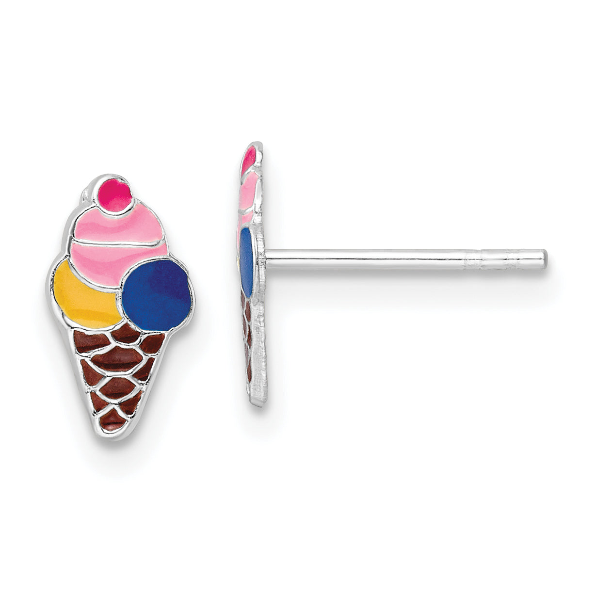 Sterling Silver Rhodium-plated Polished & Multi-color Enameled Ice Cream Cone Children's Post Earrings Main image