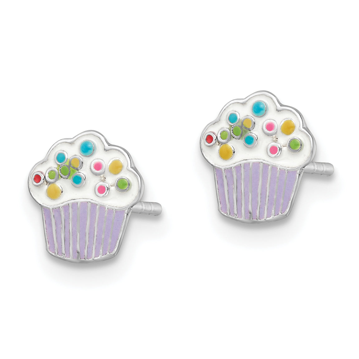 Sterling Silver Rhodium-plated Polished Multi-color Enameled Cupcake Children's Post Earrings Secondary image