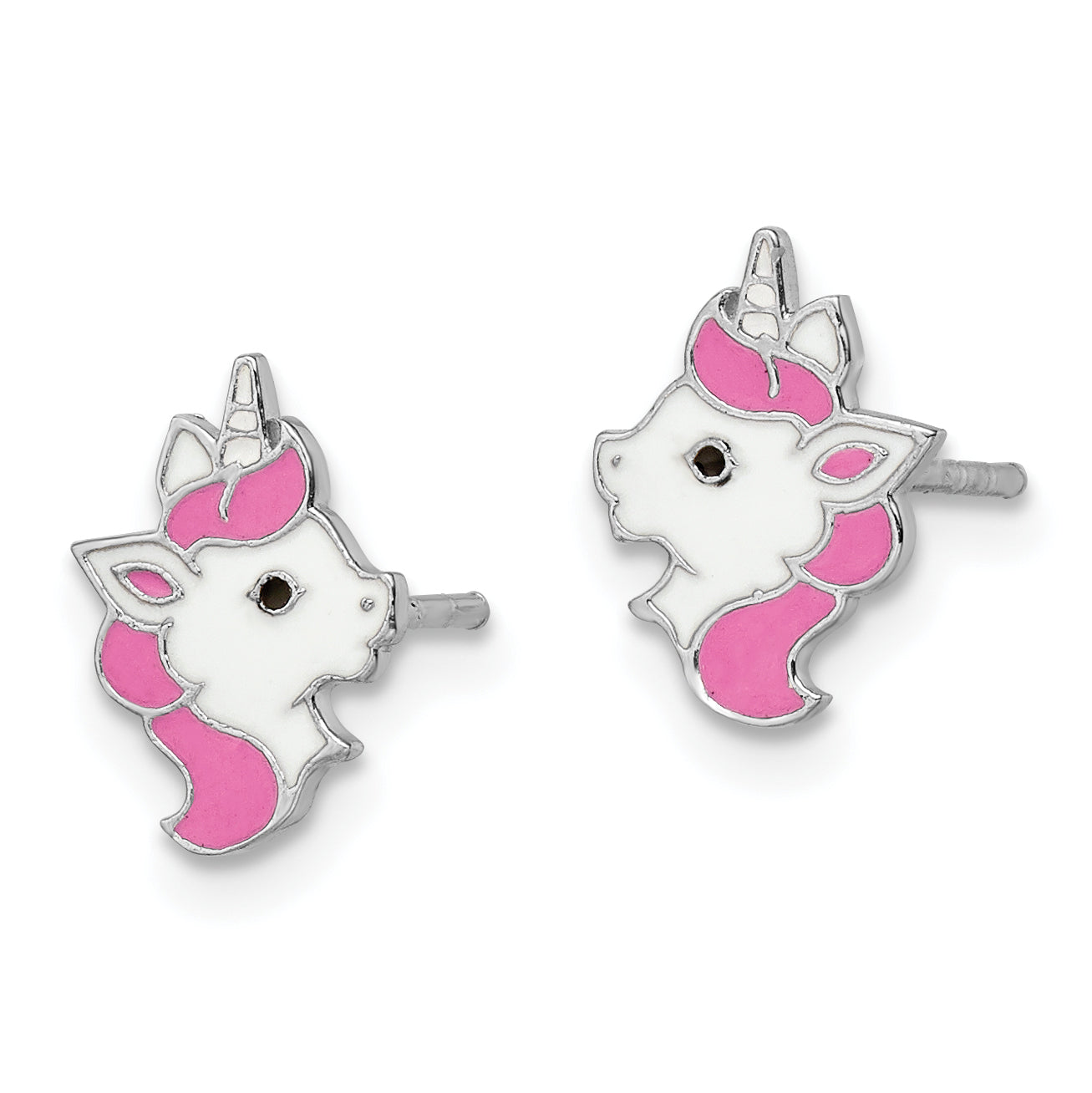Sterling Silver Rhodium-plated Polished Multi-color Enamel Unicorn Head Children's Post Earrings Secondary image