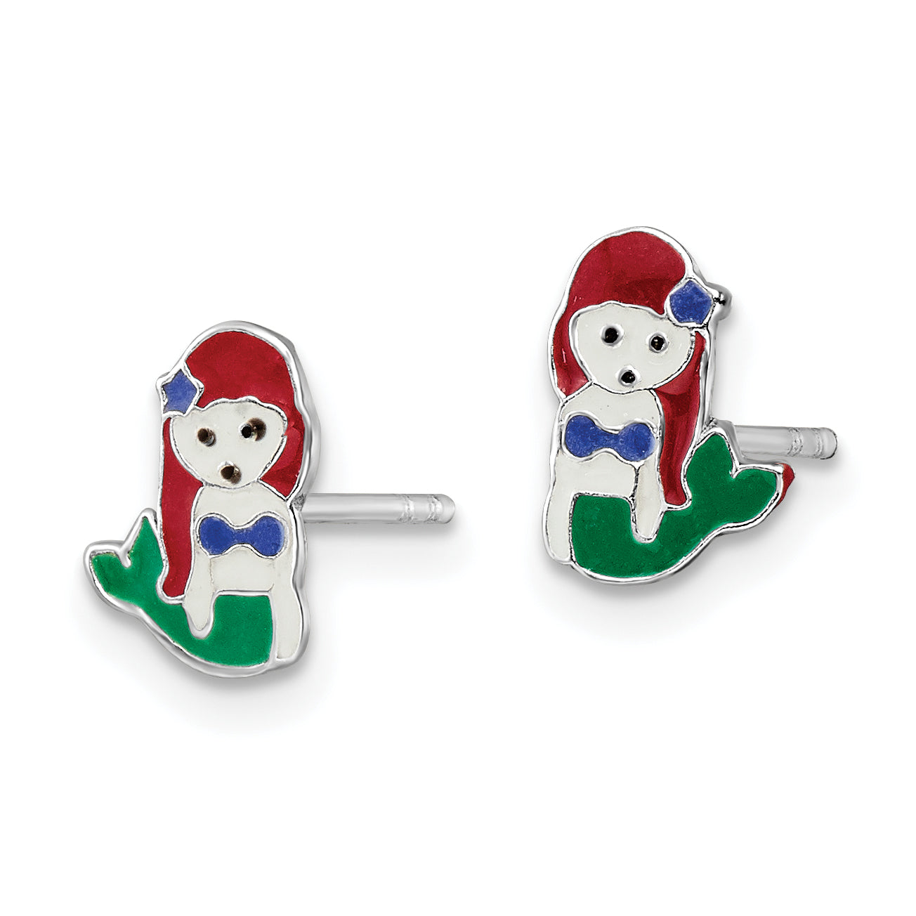 Sterling Silver Rhodium-plated Polished and Multi-color Enameled Mermaid Children's Post Earrings Secondary image