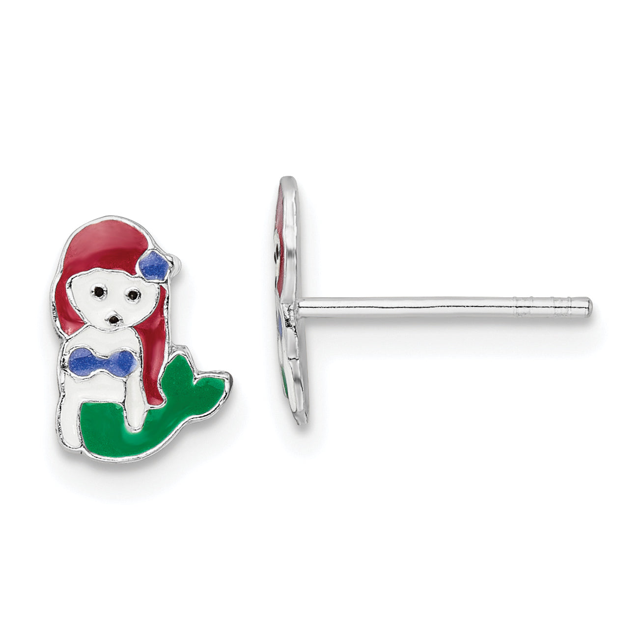 Sterling Silver Rhodium-plated Polished and Multi-color Enameled Mermaid Children's Post Earrings Main image