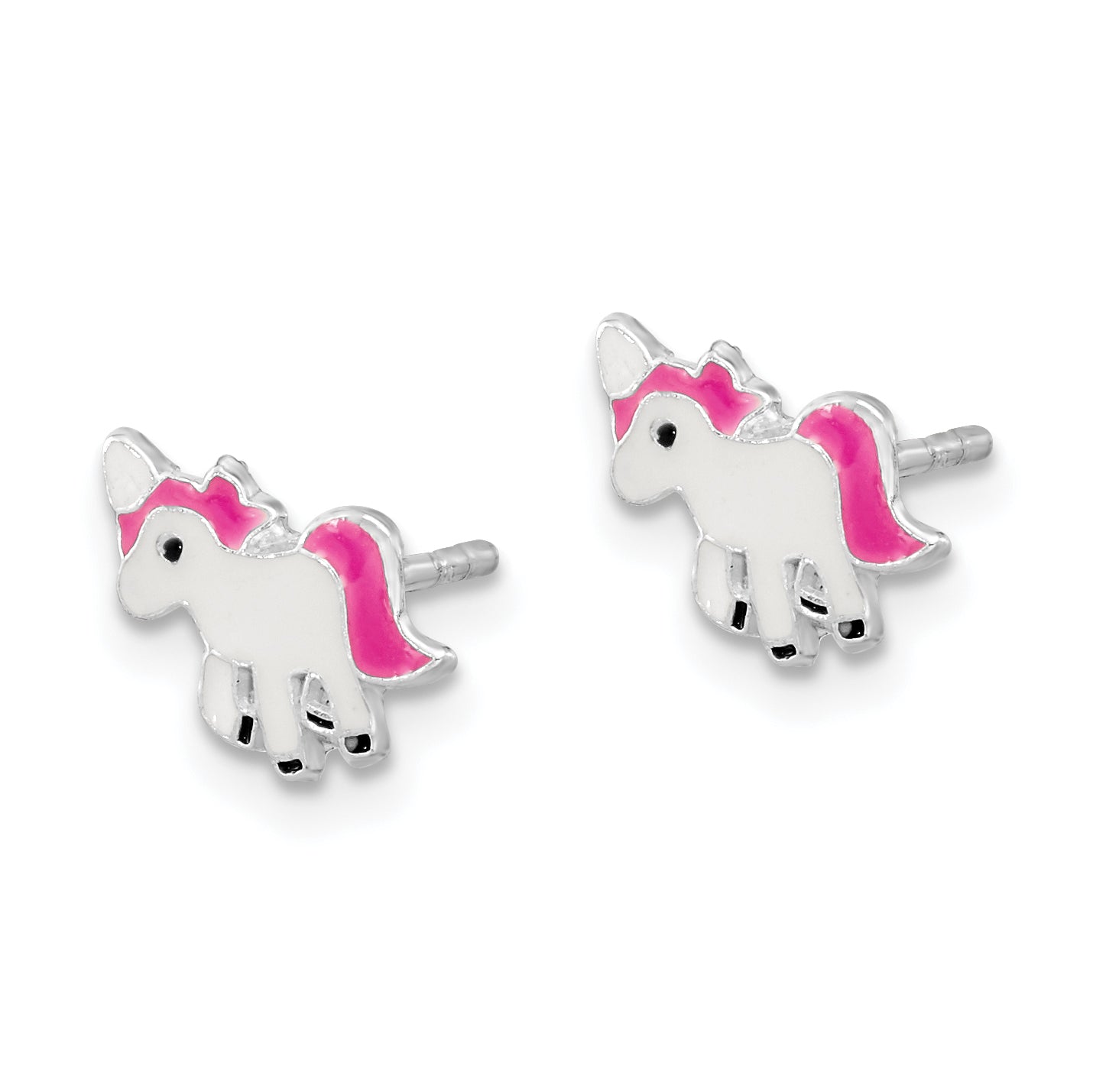 Sterling Silver Rhodium-plated Polished Multi-color Enameled Pink Unicorn Children's Post Earrings Secondary image
