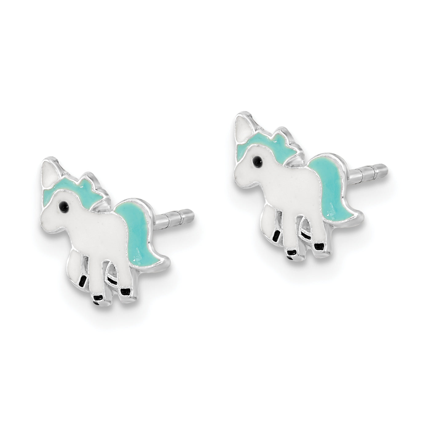 Sterling Silver Rhodium-plated Polished Multi-color Enameled Blue Unicorn Children's Post Earrings Secondary image
