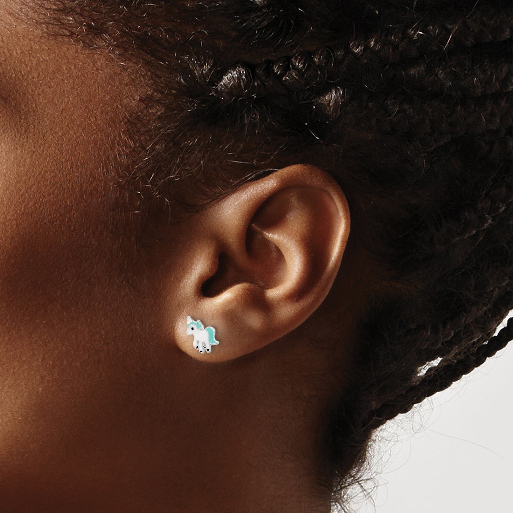 Sterling Silver Rhodium-plated Polished Multi-color Enameled Blue Unicorn Children's Post Earrings