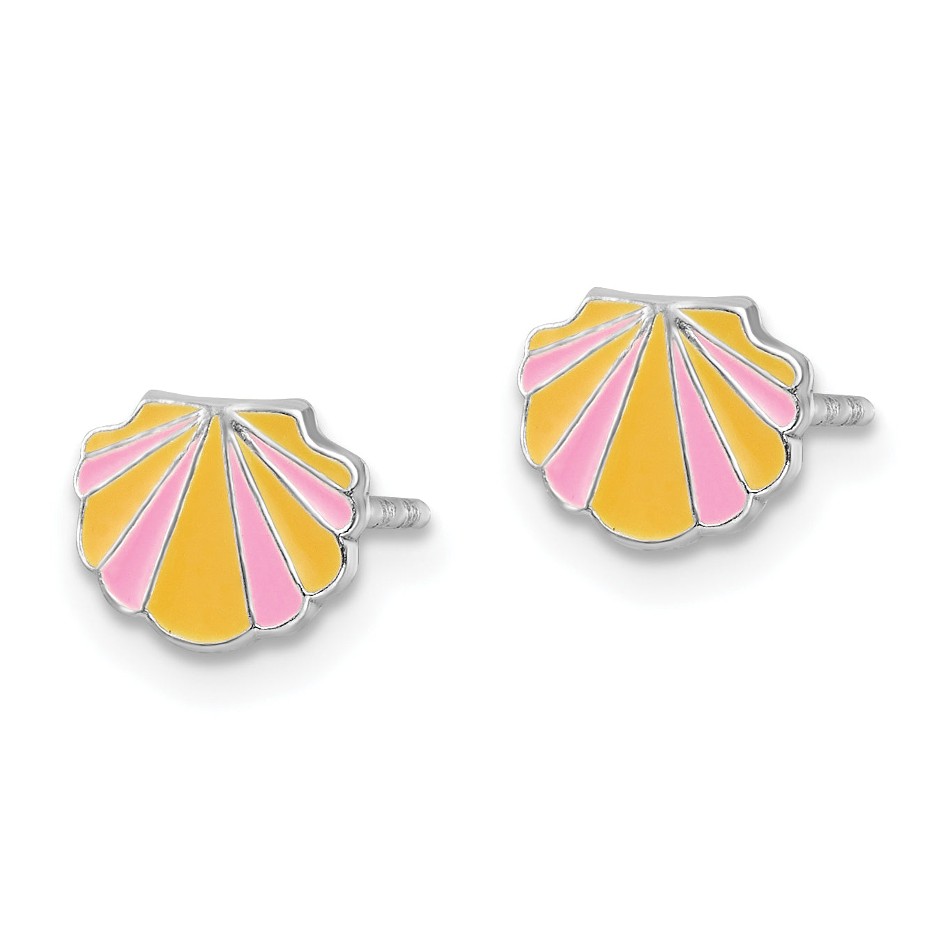 Sterling Silver Rhodium-plated Polished Pink and Orange Enameled Shell Children's Post Earrings Secondary image