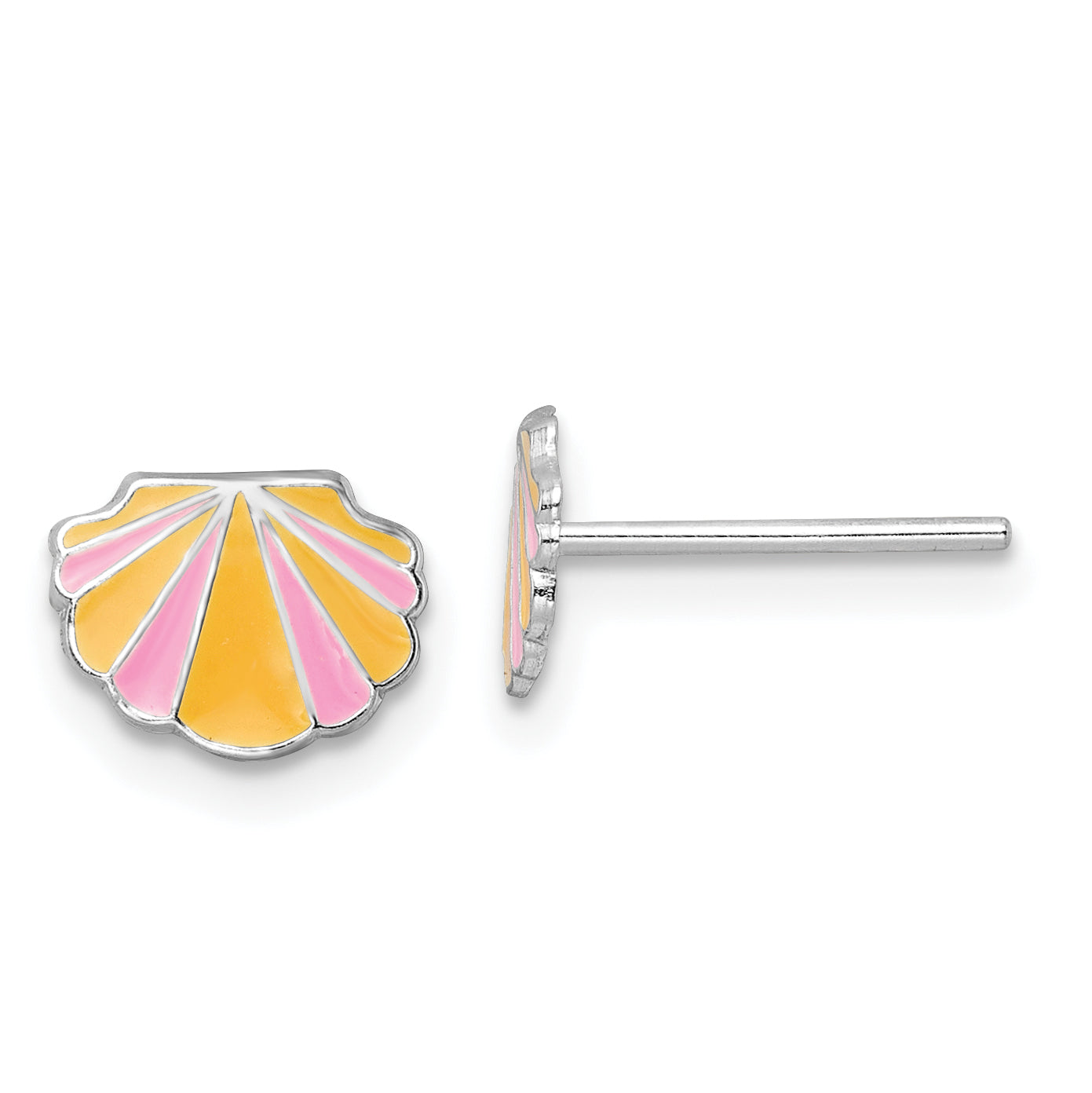 Sterling Silver Rhodium-plated Polished Pink and Orange Enameled Shell Children's Post Earrings Main image