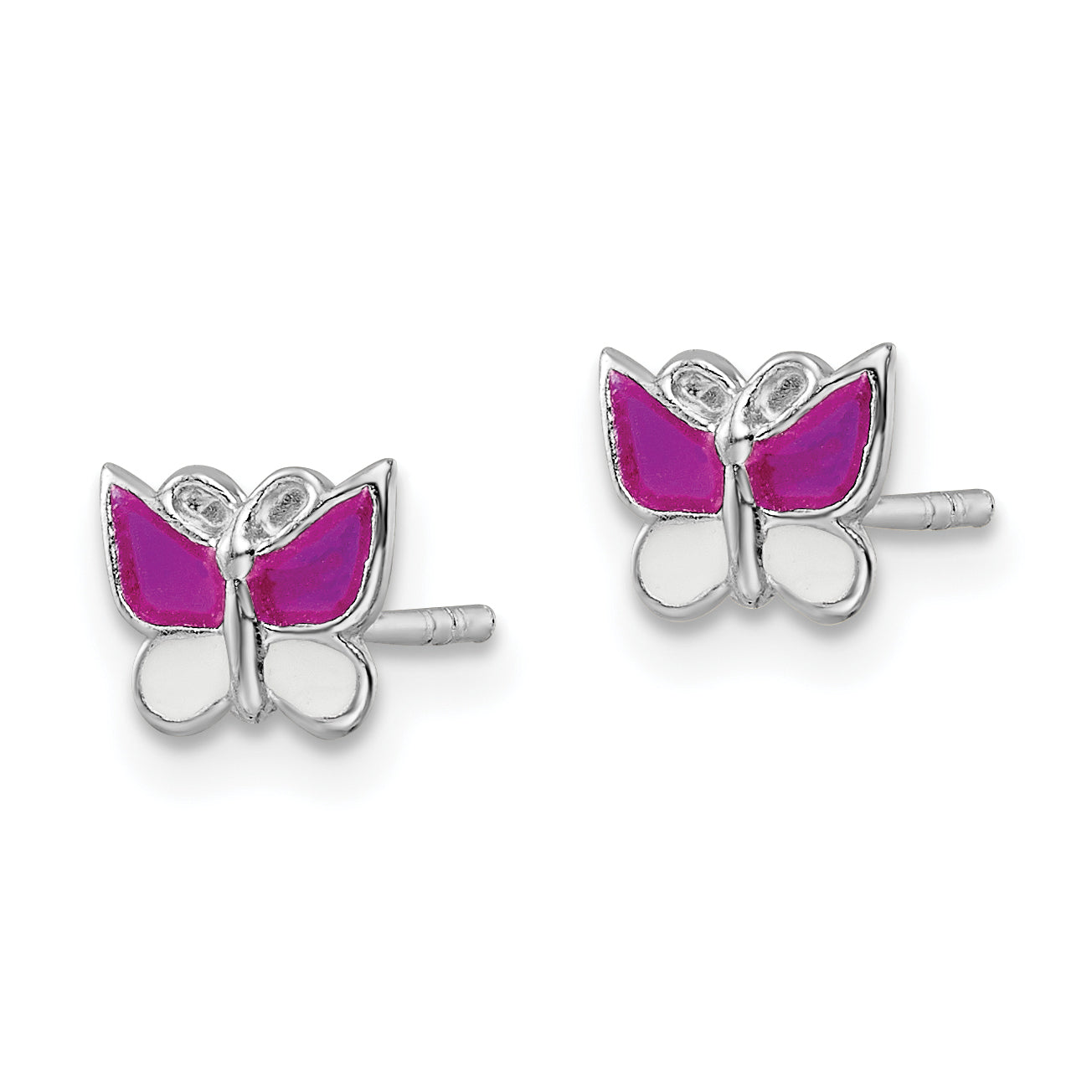 Sterling Silver Rhodium-plated Polished Pink & White Enameled Butterfly Children's Post Earrings Secondary image