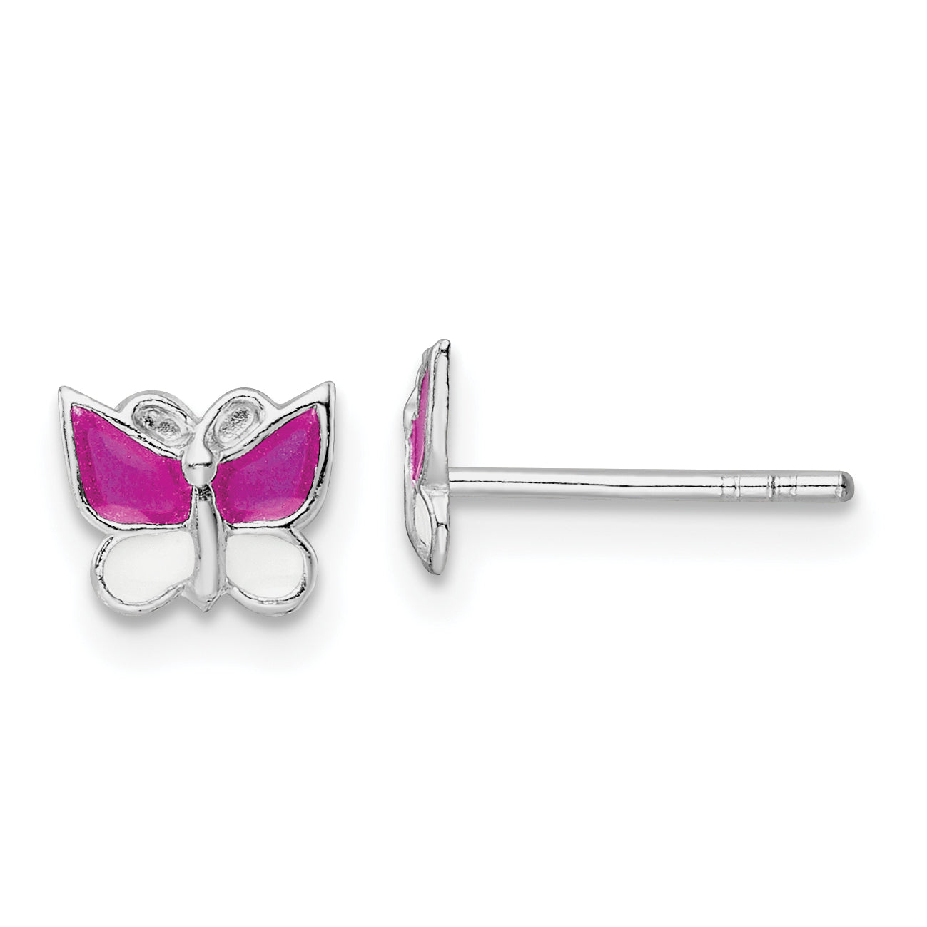 Sterling Silver Rhodium-plated Polished Pink & White Enameled Butterfly Children's Post Earrings Main image