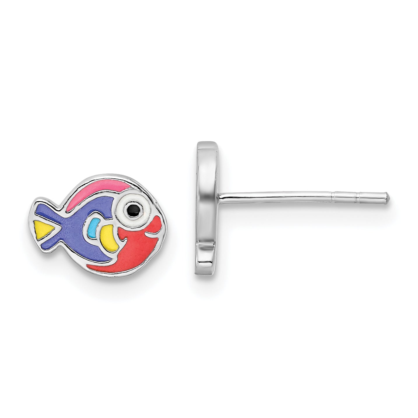 Sterling Silver Rhodium-plated Polished Multi-color Enameled Fish Children's Post Earrings Main image