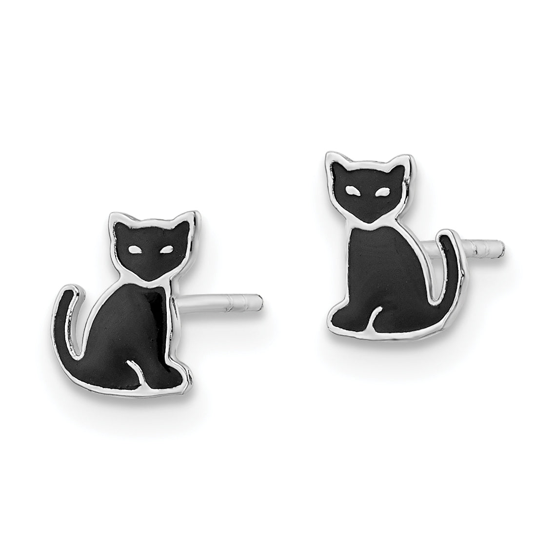 Sterling Silver RH-plated Polished Black Enameled Cat Post Earrings Secondary image