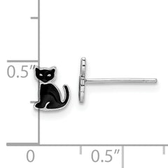 Sterling Silver RH-plated Polished Black Enameled Cat Post Earrings
