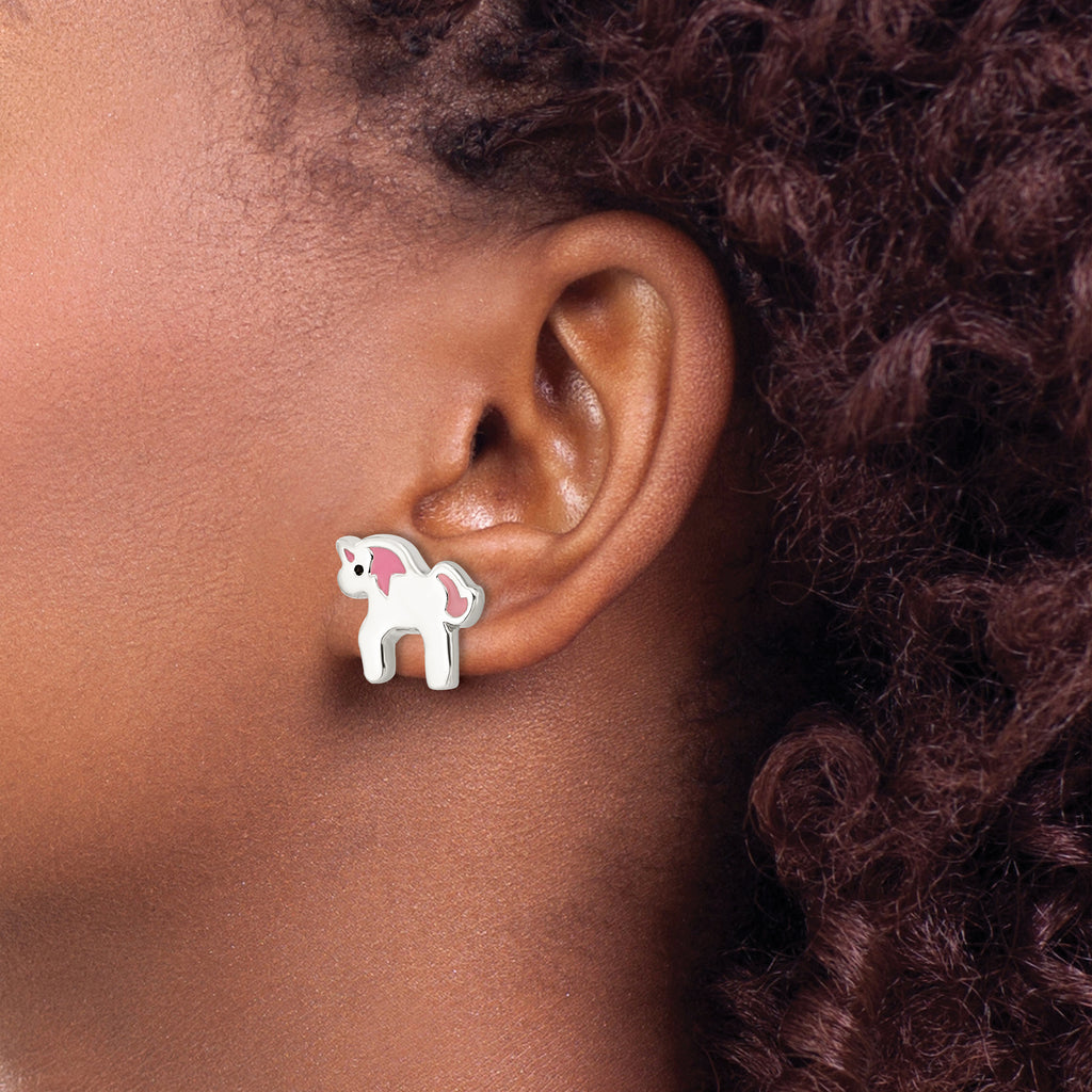 Sterling Silver Polished Multi-color Enameled Unicorn Children's Post Earrings