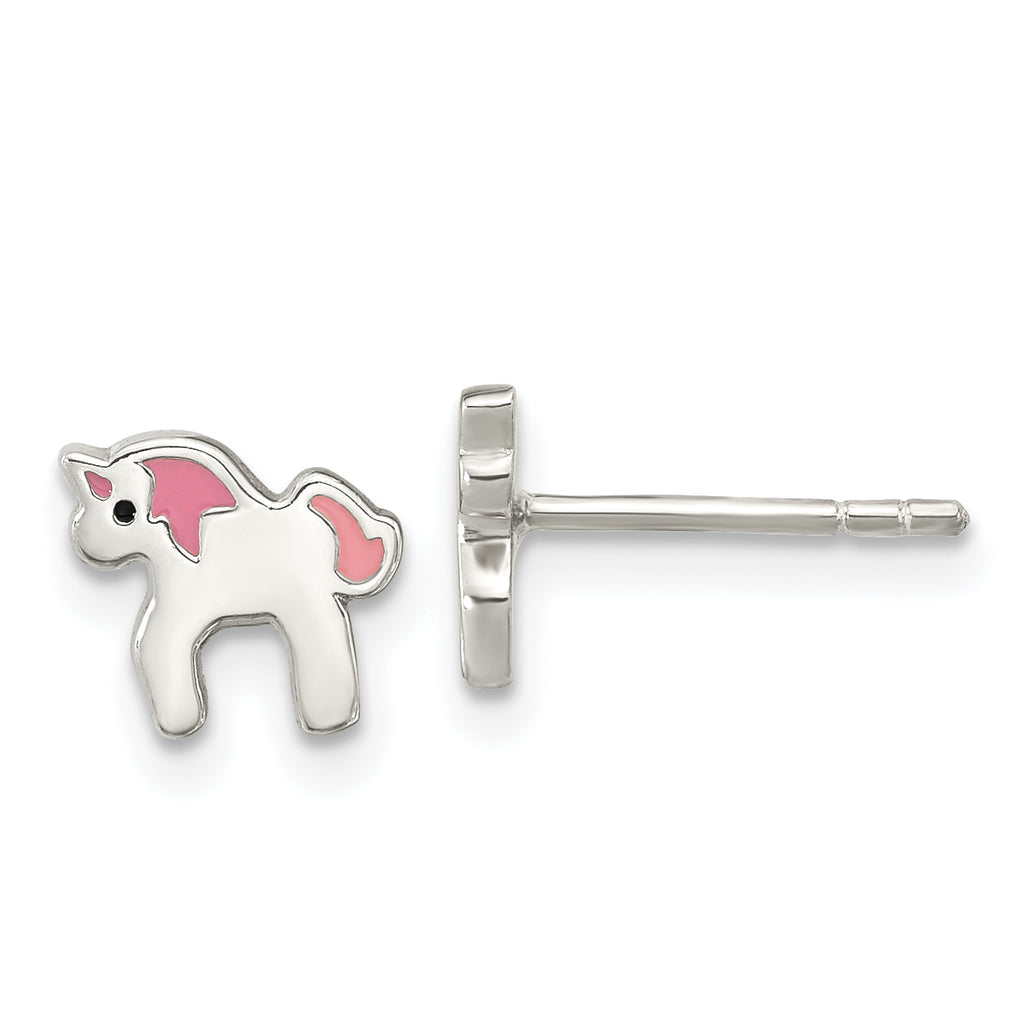 Sterling Silver Polished Multi-color Enameled Unicorn Children's Post Earrings