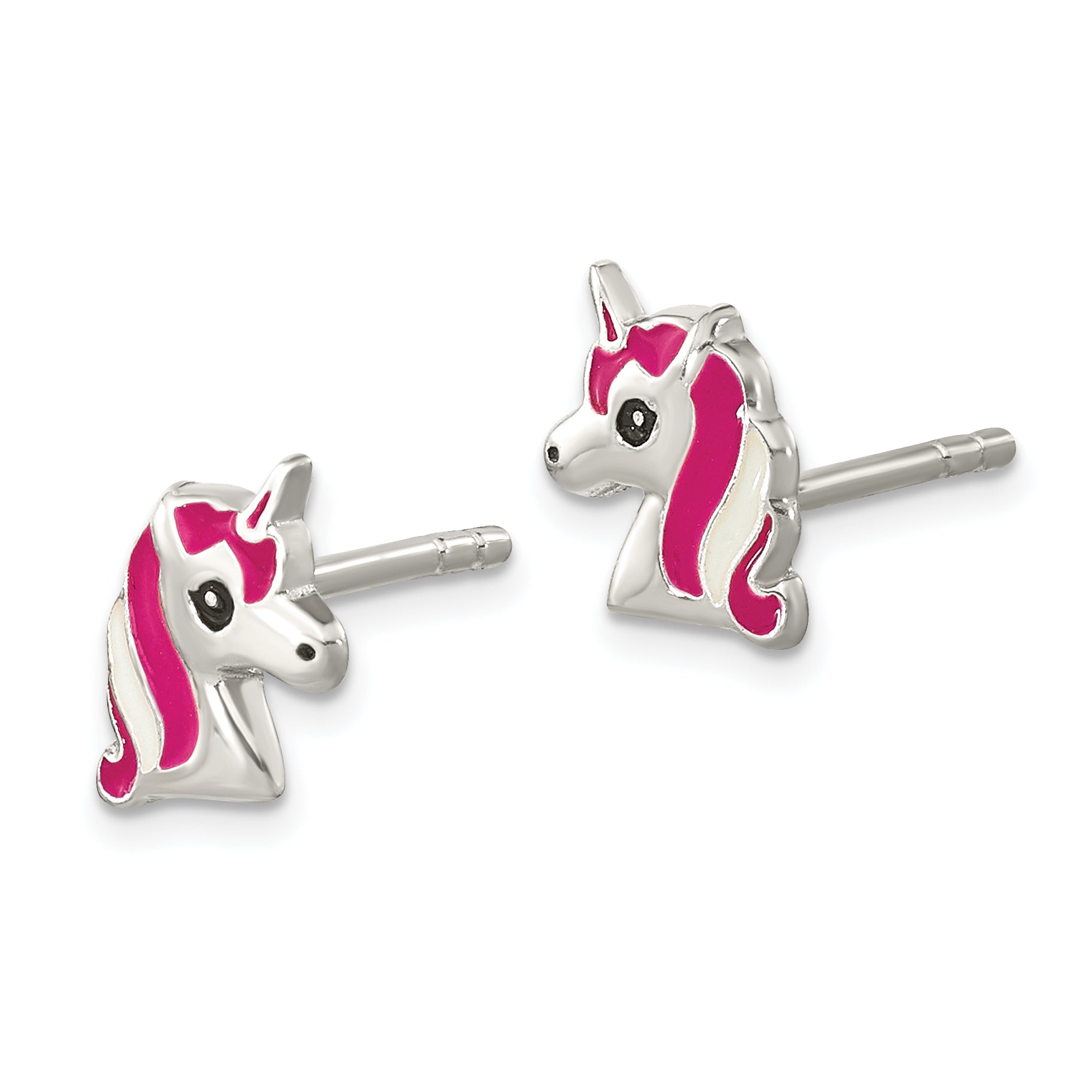 Sterling Silver Polished Multi-color Enameled Unicorn Head Children's Post Earrings Secondary image