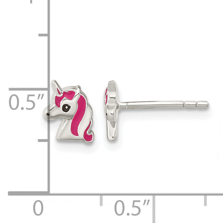 Sterling Silver Polished Multi-color Enameled Unicorn Head Children's Post Earrings