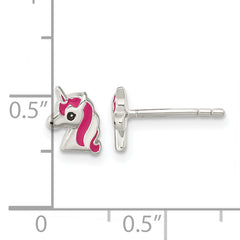 Sterling Silver Polished Multi-color Enameled Unicorn Head Children's Post Earrings