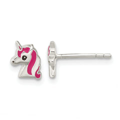 Sterling Silver Polished Multi-color Enameled Unicorn Head Children's Post Earrings