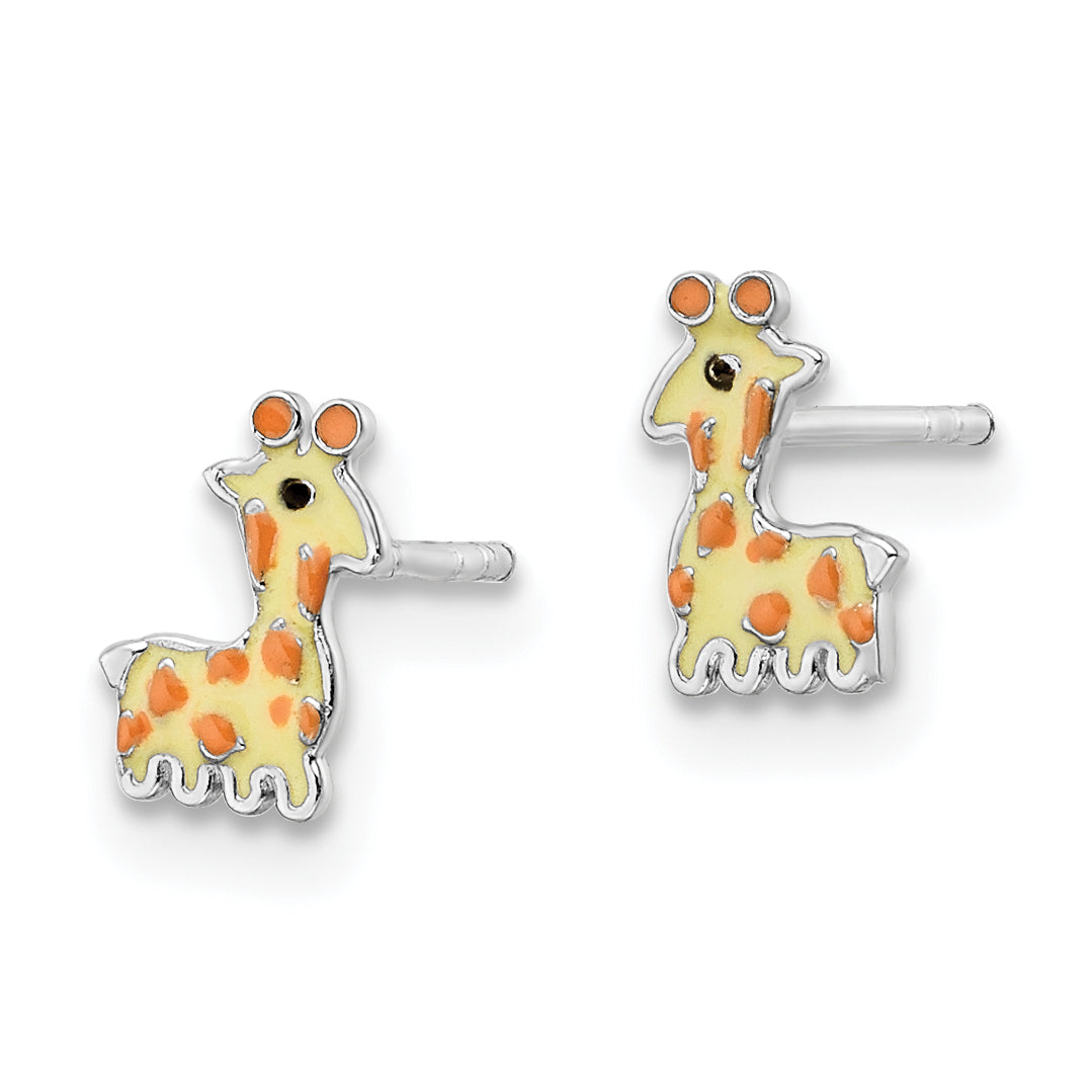 Sterling Silver Rhodium-plated Polished & Yellow, Orange & Black Enameled Giraffe Children's Post Earrings Secondary image