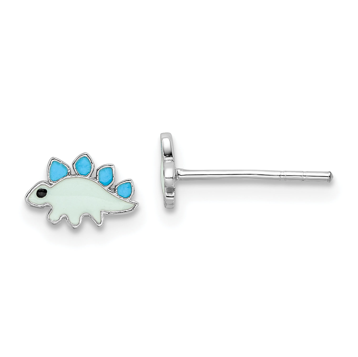 Sterling Silver Rhodium-plated Polished & Blue/Black Enameled Dinosaur Children's Post Earrings Main image