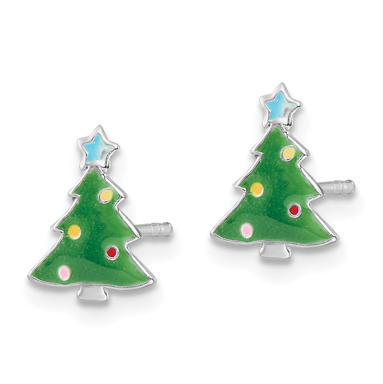Sterling Silver Rhodium-plated Polished Multi-color Enameled Christmas Tree Children's Post Earrings Secondary image